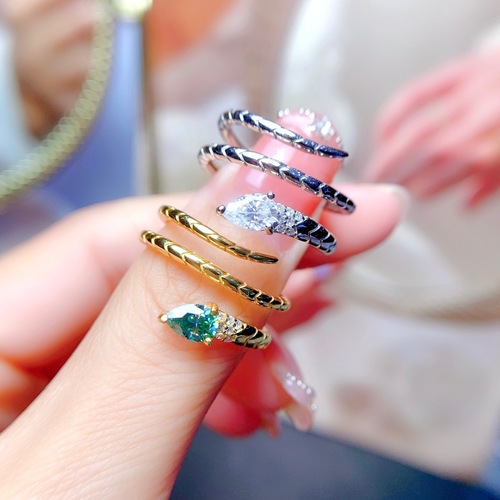 New light luxury imitation moissanite water drop ring female small snake ring fashionable personality versatile entwined snake open ring