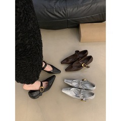 法式银色玛丽珍鞋女2025春秋尖头气质粗跟时尚一字扣带浅口单鞋潮