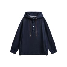 衣道古着2026秋季新款美式复古宽松百搭仿牛仔半开襟连帽套头卫衣