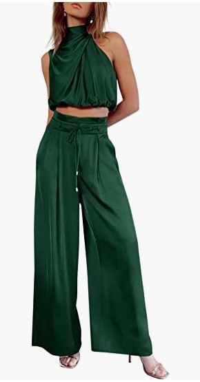Women's 2-piece Summer Casual Sleeveless Collar Open Navel Top Wide Leg Pants Set_voghion.com