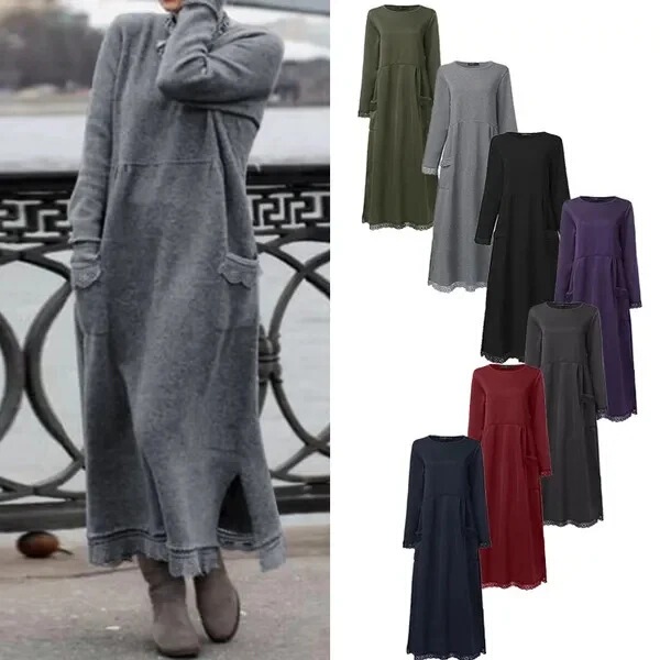 2024 New Model Aliexpress Autumn New Loose Plus-Size Knitted Lace Long Dress with Fleece Sweatshirt Casual Dress