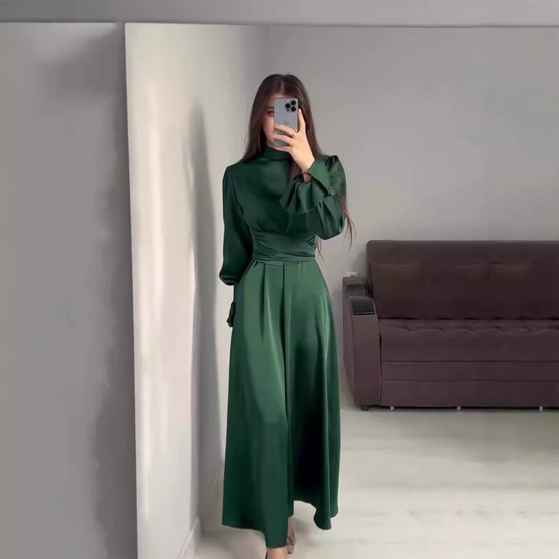 2025 Amazon Europe and the United States foreign trade spring and autumn new long sleeve waist bubble sleeve solid color fairy style satin dress 2025 Amazon Europe and the United States foreign trade spring and autumn new long sleeve waist bubble sleeve solid color fairy style satin dress