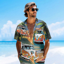 欧美街头潮男潮流短袖花衬衫外贸夏威夷度假风沙滩翻领纽扣开衫