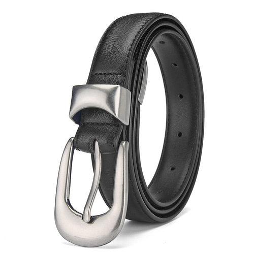 Women's leather belt, genuine leather, slim waist design, vintage-style buckle—perfect for pairing with tailored trousers, offering a simple, casual, and versatile look that complements denim jeans effortlessly.
