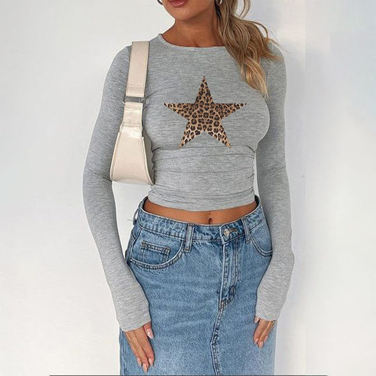 Di Yun 2025 Spring and Summer Europe and the United States Cross-border Women's Digital Printing Star Y2K Sexy Tight Waist Navel Long Sleeve T-shirt
