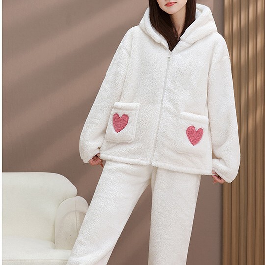 珊瑚绒睡衣女秋冬季加绒加厚网红风新款爱心口袋法兰绒家居服套装|undefined