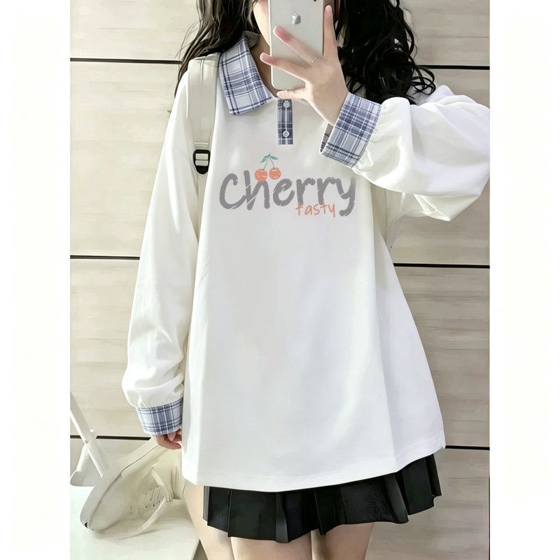Women's long-sleeve t-shirt for spring, autumn, and winter, plaid polo collar, loose fit, pure cotton, color-blocking, versatile top for middle school, high school, and college students