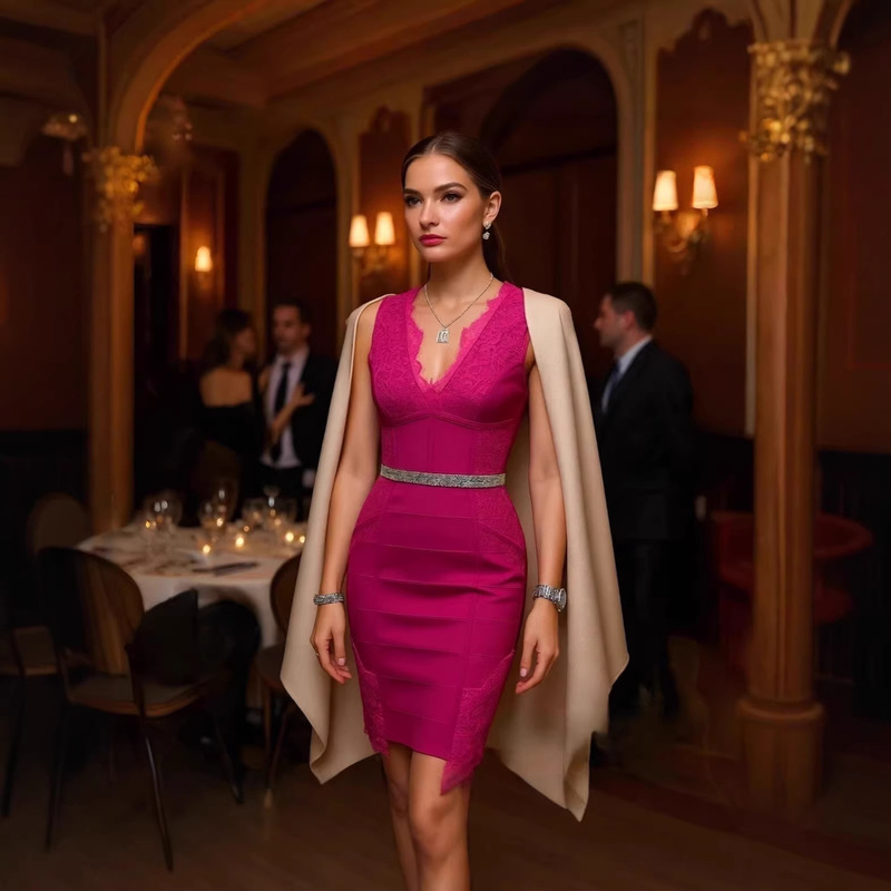 Summer Hot-Selling Wholesale Dress in Rose Red with Shiny Fabric, V-Neck Lace, Solid Color Splicing, Sexy Bandage Dress