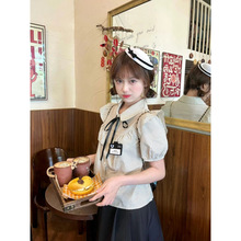 学院风条纹短袖衬衫女夏季新款甜美百搭小个子短款衬衣设计感上衣