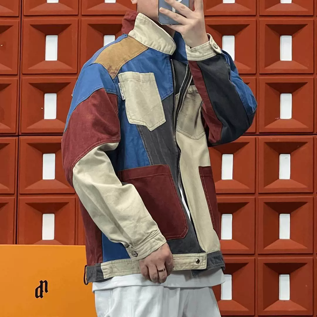 Модный бренд 2025 "High Street Trendy Series" Весна и Осень Старый Сшитый Контрастный Бедняк Цветной Блок Куртка