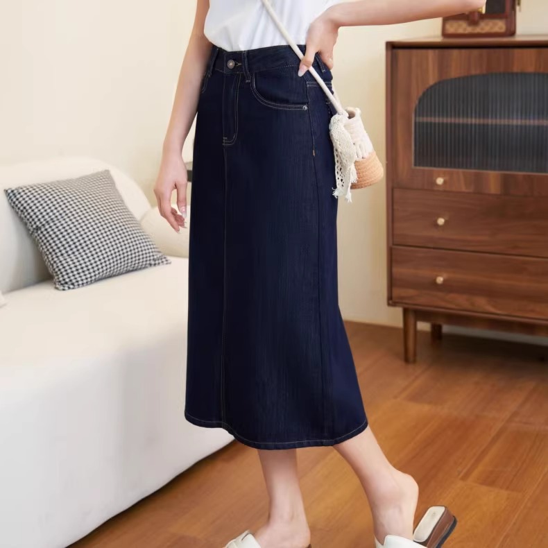 Chân váy denim chữ A Lycell mỏng mùa hè, dáng dài vừa, xẻ tà, rộng rãi tôn dáng — Xanh denim chi tiết 2