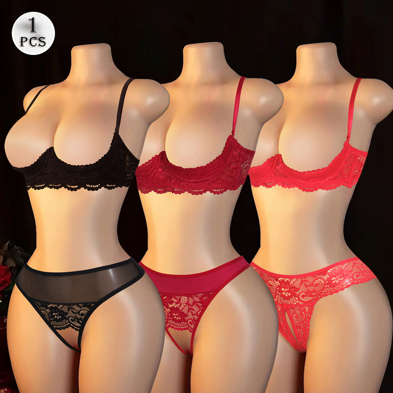 European and American Sexy Black Lace Nipple Bra Gathering Pure Desire Perspective Open Crotch G-string Underwear suit Women