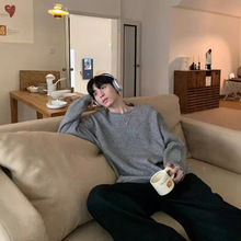 秋冬破坏风不规则圆领针织毛衣长袖男宽松慵懒纯色百搭休闲针织衫