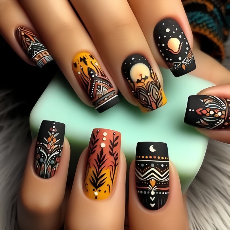 Bohemian Style European Square Art Manicure Wearable Nails Mysterious Totem Nail Patch Fake Nails Tb-73