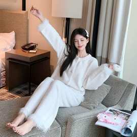 冬季睡衣正品小香风圆领驼鸟毛加厚半边软绵绵休闲家居服套装女