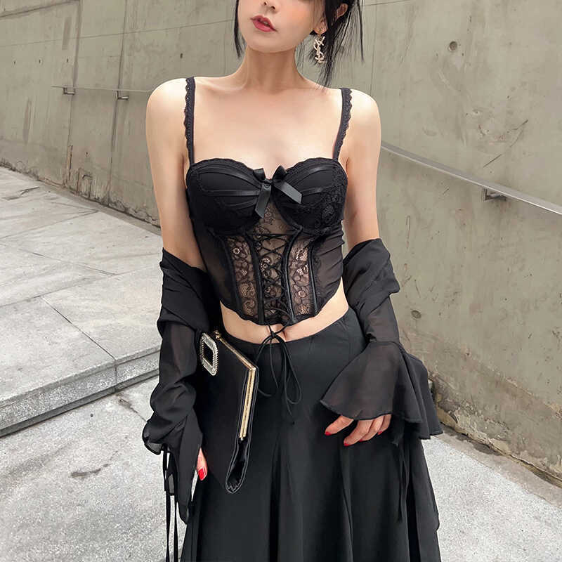 Yang Yang Black Fish Bone Waist Lace Sling Corset Women's Pink Cross Strap Vest Base Shirt with Chest Pad