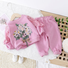 春秋款女童裝1234歲寶寶綉花蕾絲兩件套春天的色彩童套裝