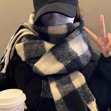 2025新款秋冬季加绒加厚围巾女黑白格子韩式百搭情侣保暖围脖冬天