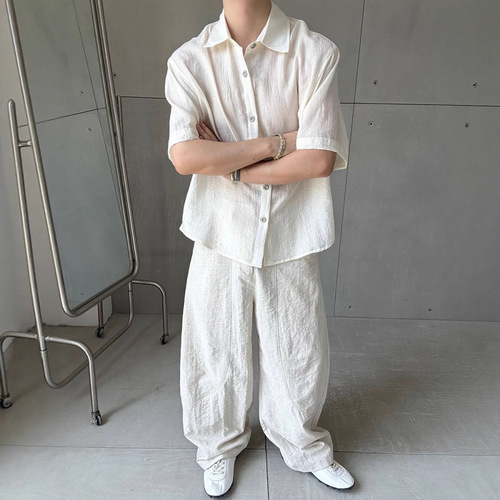 Textured vintage money style summer lazy style men's vacation casual loose short-sleeved shirt