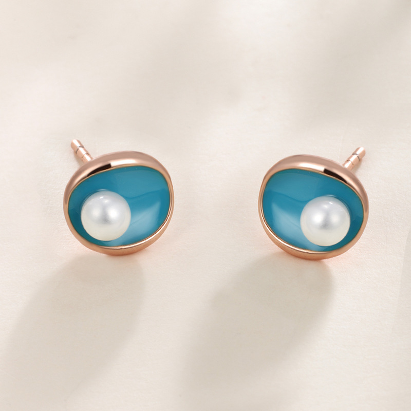 Xuping azul goteo de aceite imitación de perlas conchas pendientes de orejas nicho retrógrado simple aleación chapado en oro pendientes