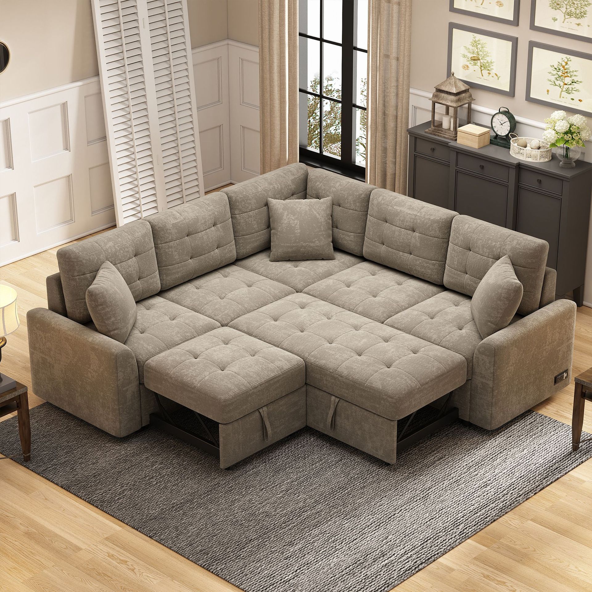 Con esquina de almacenamiento combinación europea moderna comercio exterior norteamericano beige gran sofá cama de sala de estar sofá cama en forma de U Amazon