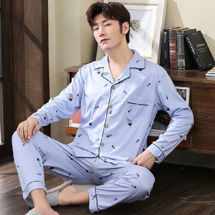 Transmisión en vivo de nuevos pijamas de hombre primavera y otoño de tamaño grande casero ocio relajado dos piezas de ropa de casa para hombres micro comercio