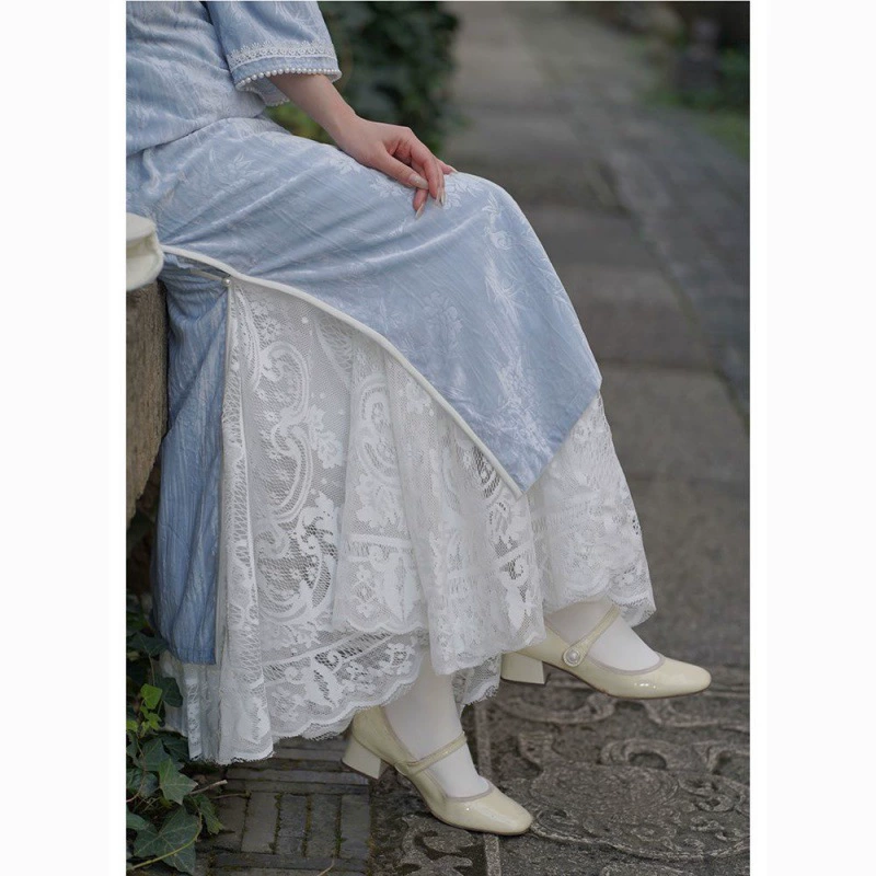 Плюшевый чонсам с внутренней рубашкой, кружевная юбка, эластичный ретро, дикий стиль, нижняя юбка, чтобы покрыть волосы