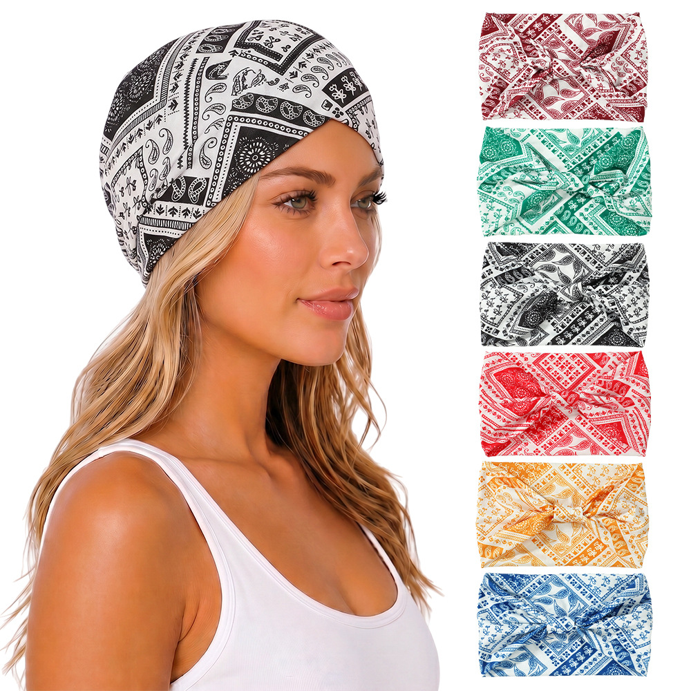Ethnic Style Cashew Flower Print Elastic Headband, Retro Hot Girl Outfit Hairband, Versatile Wide-Brimmed Headband for Travel and Sports