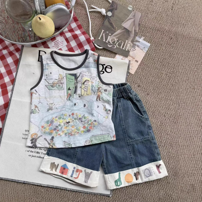 Shanban Korean-Style Boys' Summer New Full-Print Cute Cartoon Print Round-Neck Sleeveless Shirt Versatile Vest for Boys