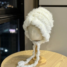 兔毛加厚毛绒护耳帽秋冬加厚保暖流苏针织帽大头围茸茸帽子大头围