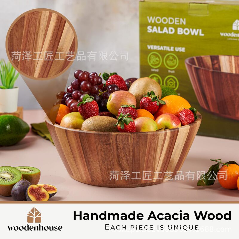 Cross-Border Wooden Salad Bowl Wave Design Vegetable Salad Bowl Large Thickened Fruit Mixing Bowl Household Solid Wood Bowl