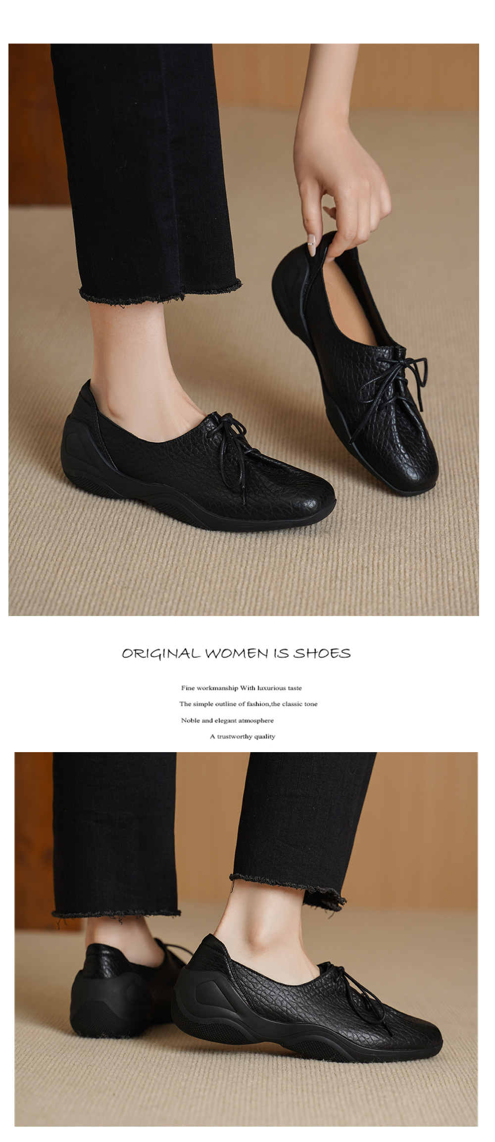 Giày lười nữ da cừu mềm phong cách DeTrain vintage, đế phẳng buộc dây — đen chi tiết 8
