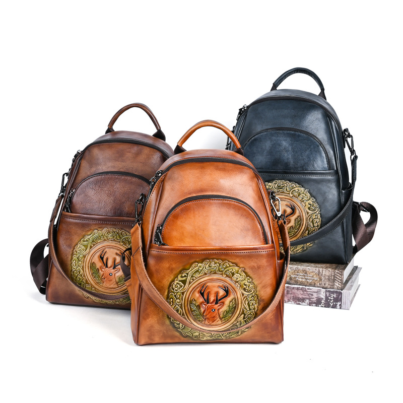 Ba lô da bò nữ cỡ lớn thiết kế đầu hươu phong cách vintage — Màu đen cổ điển, Cà phê cổ điển, Màu nâu cổ điển