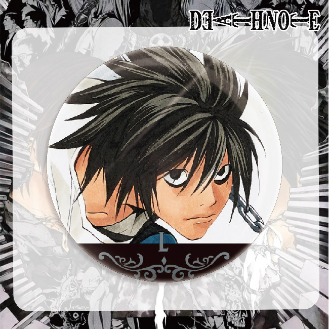 Wholesale of creative accessories, badges, and pins from the anime/manga series Death Note, featuring Light Yagami and L-style characters.