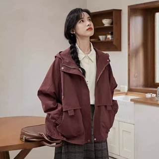 实拍 2025秋季新款港风安哥拉红日系设计感工装连帽开衫外套女潮