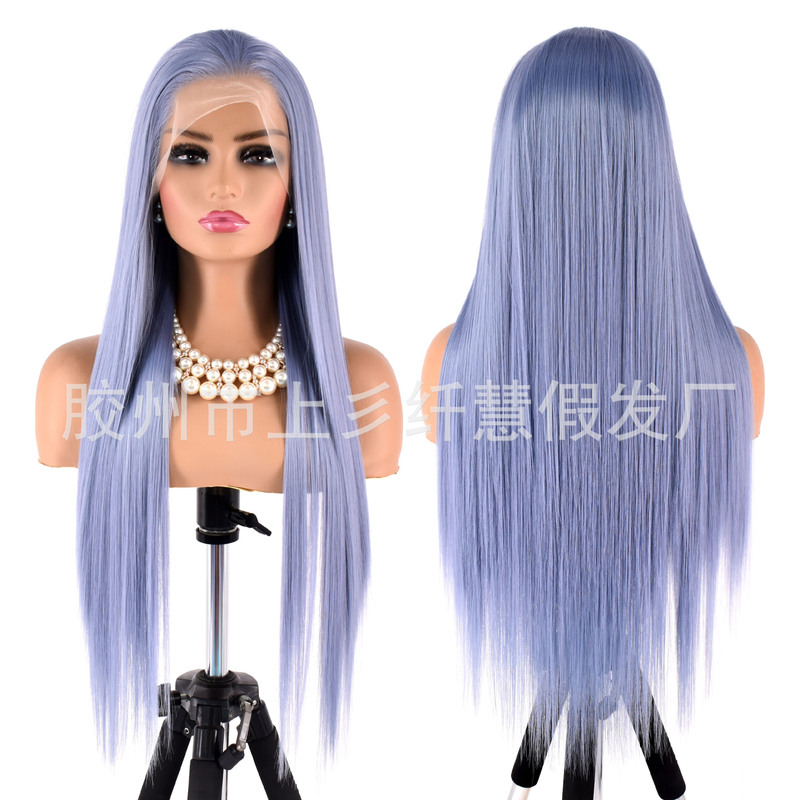 Hand-Crocheted Lace Front Wig in Mist Blue for Women, Long Straight Hair, High-Temperature Matte Synthetic Fiber Wig, Wholesale from Cos Manufacturer