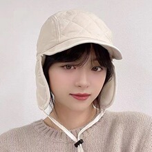 韩版INS风夹棉护耳帽女韩国东大门代购同款休闲菱格纹系绳防寒帽