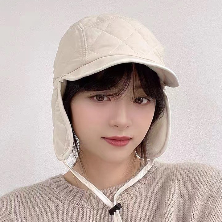 韩版INS风夹棉护耳帽女韩国东大门代购同款休闲菱格纹系绳防寒帽