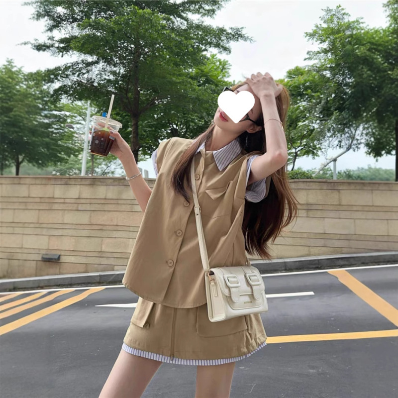 港风复古运动套装女夏季宽松时尚假两件衬衫短袖短裙休闲两件套潮|undefined