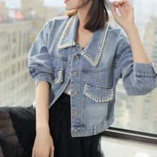 牛仔外套女2022春秋新款潮宽松韩版小个子短款钉珍珠夹克牛仔衣