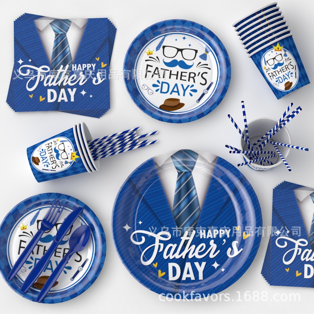 Día del padre transfronterizo a cuadros azules bandeja de papel desechable bandeja de papel toalla de papel vajilla juego de decoración de fiesta del día del padre