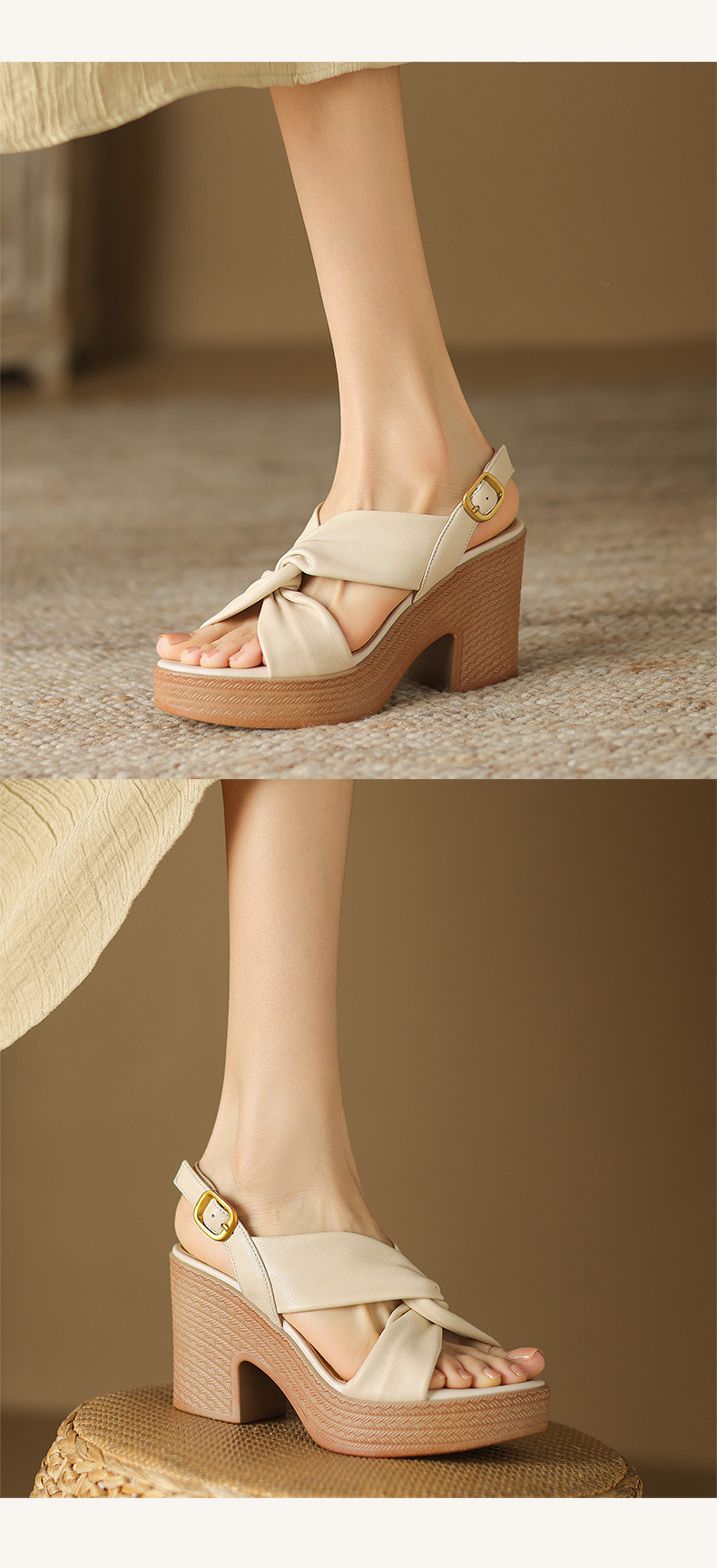 Sandal nữ quai ngang gót vuông đế dày hở ngón da cừu — Màu be chi tiết 10