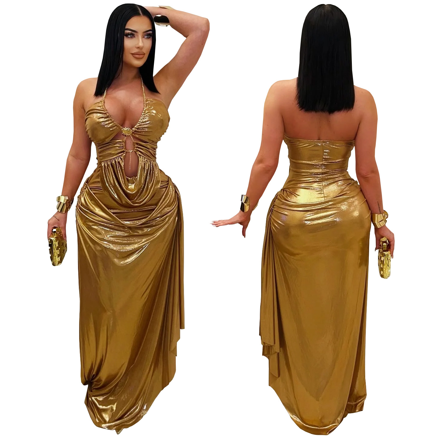 C7491 Aliexpress transfronterizo amazon ropa de moda europea y americana sexy cuello colgante chaîne de oro plegado vestido de brazo