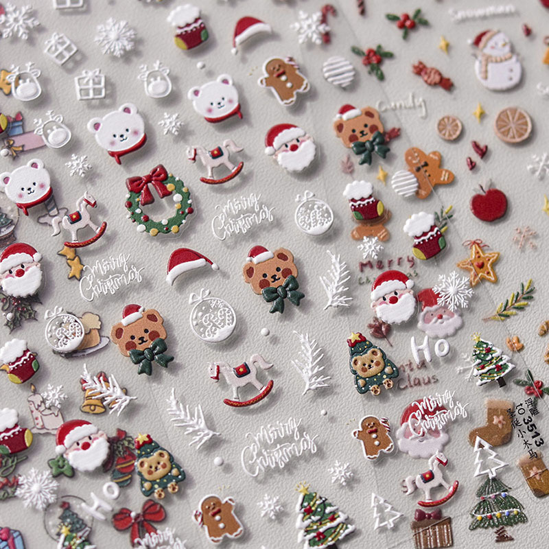 Christmas Tree Little White Bear Gingerbread Man Nail Art Sticker Tomoni Adhesive Cute 5D Nail Sticker Nail Art Decoration