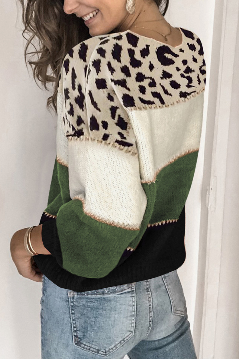 hit color Leopard print loose round neck sweater nihaostyles wholesale clothes NSSYV105646