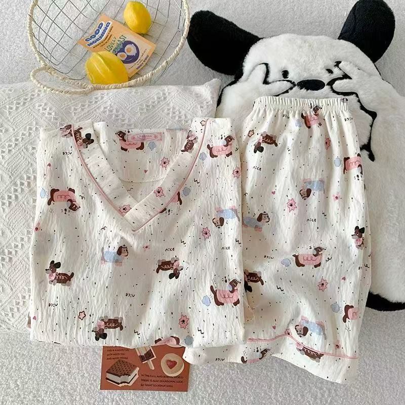Vietnam transfronterizo al por mayor verano nuevo pijama de algodón con nube con cuello en V pantalones cortos de manga corta para mujer traje de servicio a domicilio para estudiantes de dibujos animados