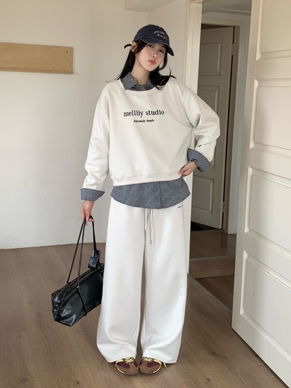 2025新款套装女装秋宽松美式卫衣翻领假两件直筒休闲裤显瘦两件套|undefined