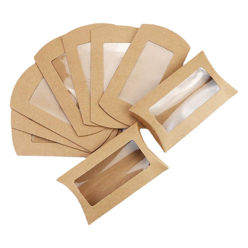 Ventana almohada caja pequeño regalo embalaje amarillo Kraft almohada caja en stock al por mayor