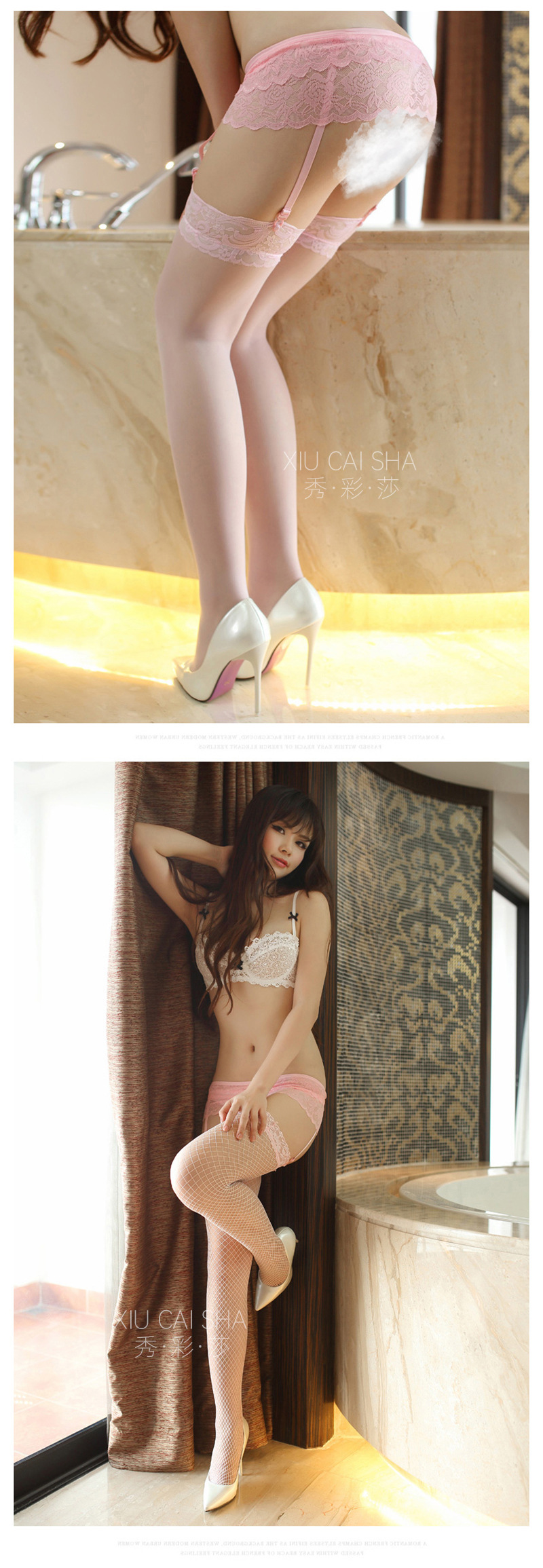 Pink Lace Garter Belt with Stockings Set, Three-Point Lingerie, One Size — detail image 17
