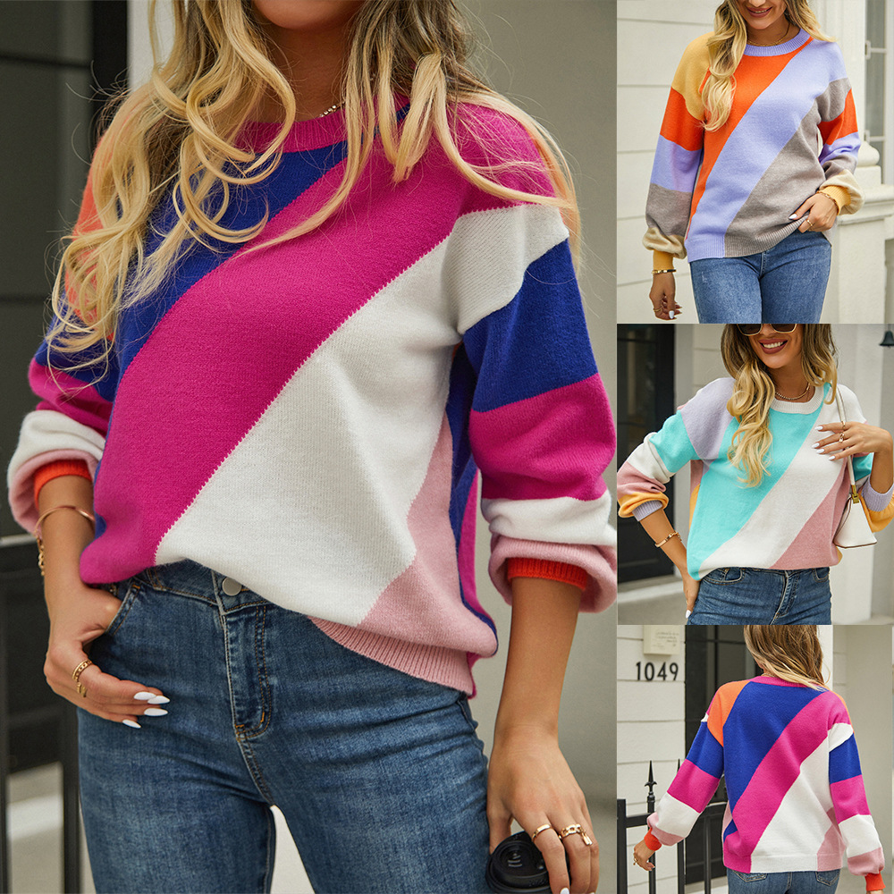 2023 otoño e invierno nuevo europeo y americano Amazon suéter transfronterizo Comercio exterior rayas costura moda cuello redondo INS suéter para las mujeres